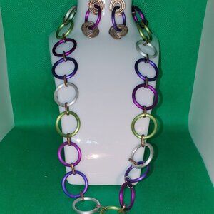 artisan 24" necklace & earrings purple fuchsia lime silver circles padlock hook